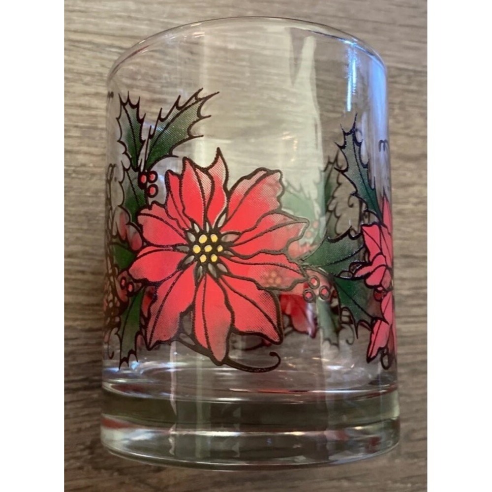 4 Vintage Christmas Drinking Glasses Lowball Poinsettias Clear Red Green Set